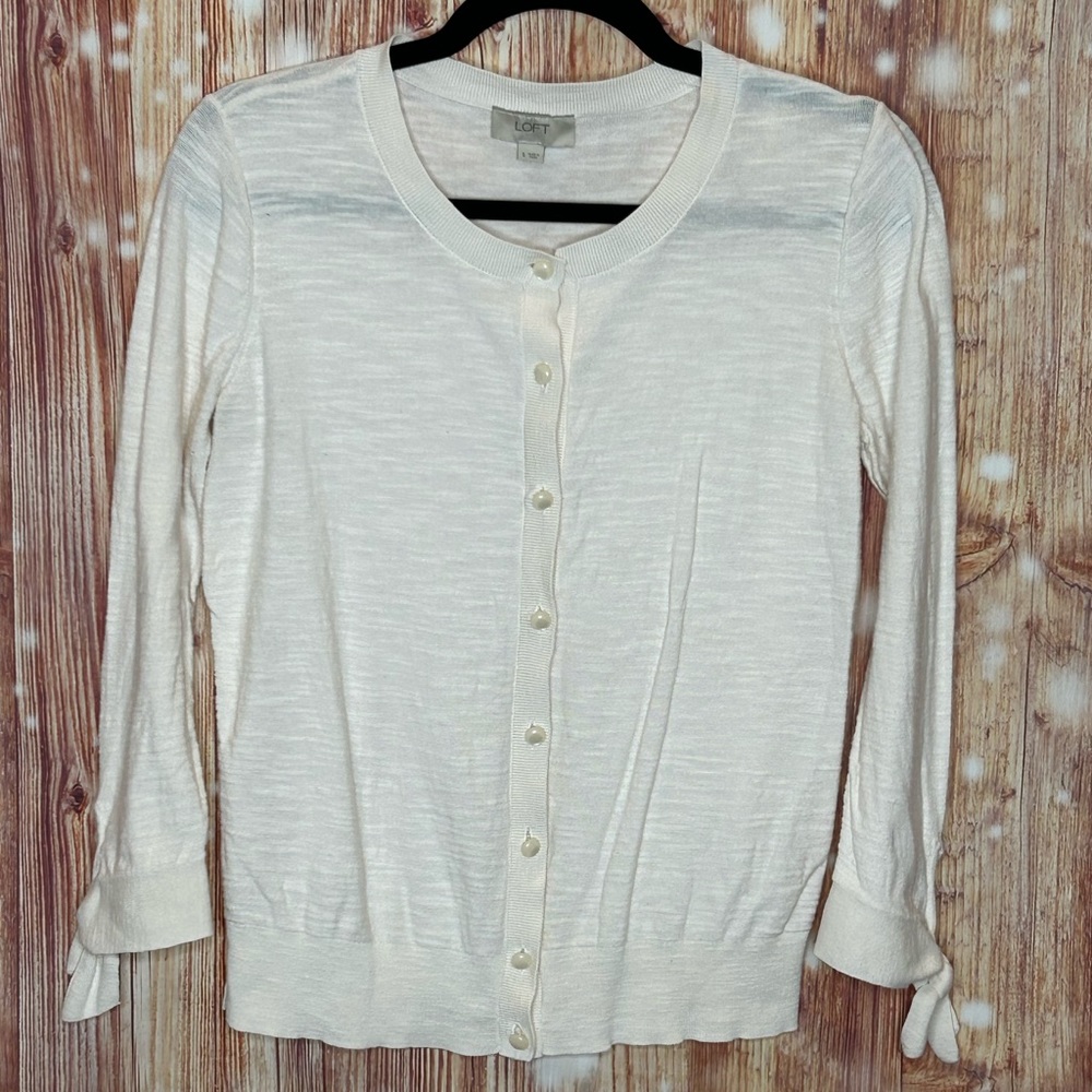 Loft Cream Cardigan with Faux Pearl Buttons Tie Sleeves Size Small Lightweight